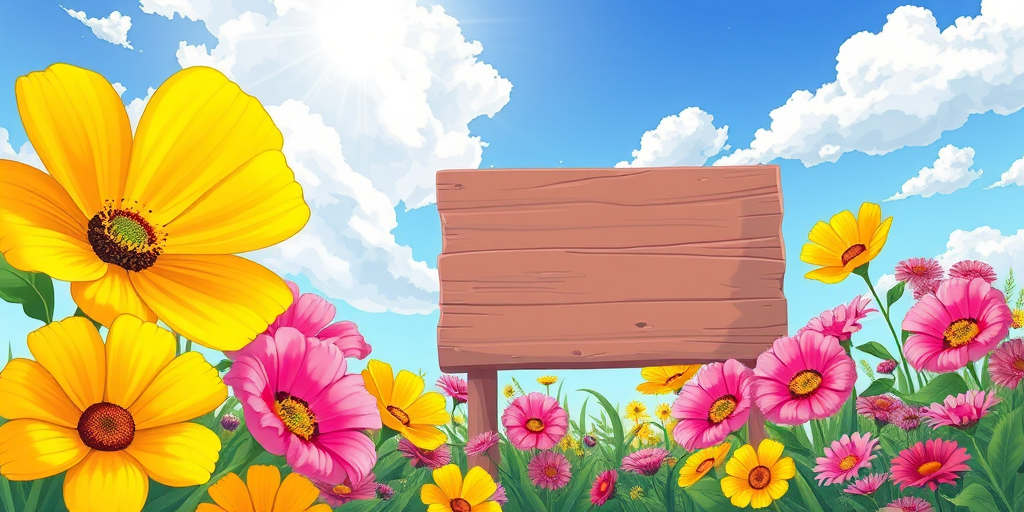 create a vibrant illustration of a colorful flower garden with large yellow and pink flowers under a bright sky with fluffy white clouds, include a blank wooden sign, use a digital drawing style, set with a high resolution, 300 DPI, and a wide-angle view for a more immersive perspective