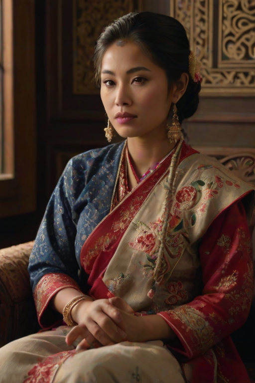 A beautiful Nepali woman in traditional East Asian attire, intricately detailed with embroidered patterns, sitting gracefully in a richly decorated room, soft ambient lighting, serene and elegant, ultra-realistic, 8K resolution