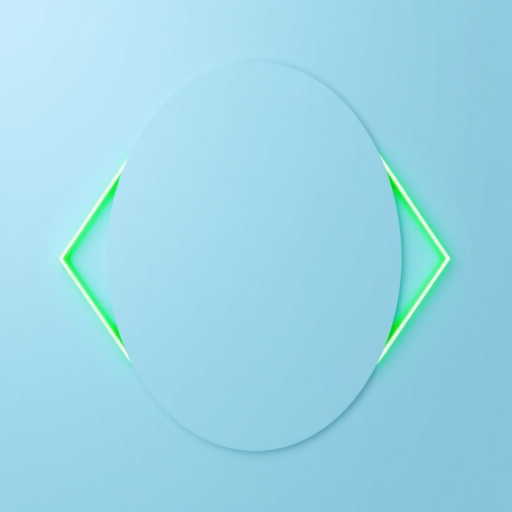 Generate a circular image with a light blue background featuring bright green angular brackets on either side of a vertical line, captured with a 50mm lens at f/1.8, ISO 100, in a soft-focus style using a DSLR camera.