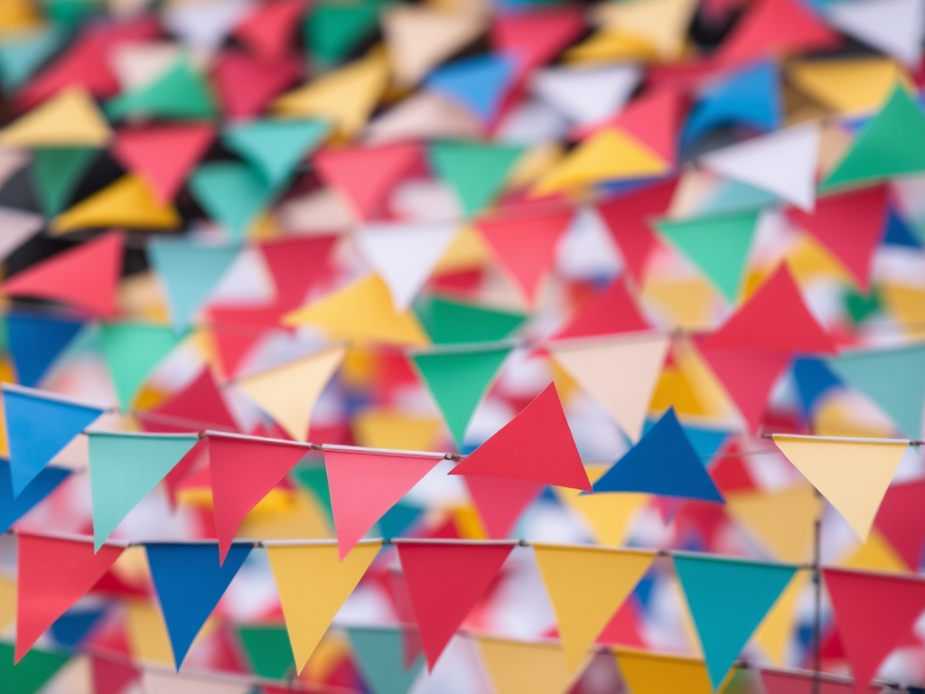 Create a high-resolution image of a grid with colorful triangular flags in rows; use a Canon EOS R5 camera, 50mm lens, f/2.8 aperture, ISO 100, and a soft focus effect for an artistic touch.