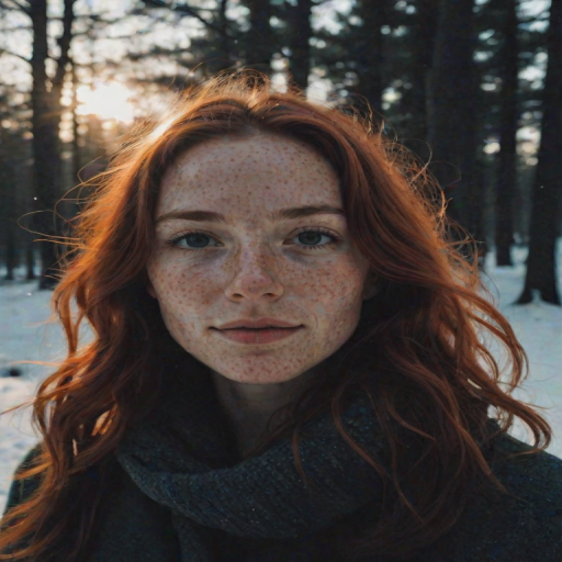 Instagram photo of a woman with freckles on her face in the winter outdoors silhouette illumination of her hair. Taken with a ProPhoto iPhone camera