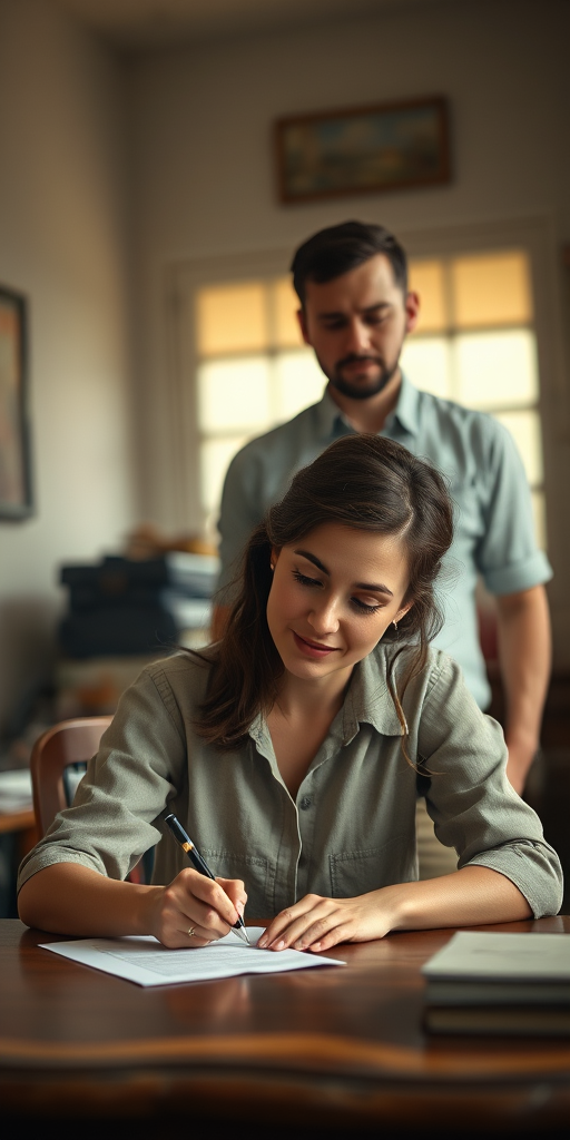 vintage style portrait of a woman writing at a desk with a man standing behind her, soft natural lighting, depth of field effect, 50mm lens, f/2.8 aperture, ISO 100, captured on a DSLR camera, warm color tones, painterly texture