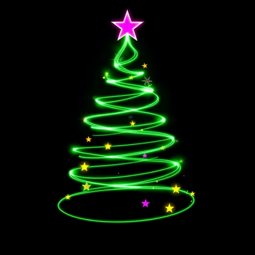 Create an image of a stylized Christmas tree made of swirling green light. At the top, place a pink star, and add small, colorful stars scattered throughout the tree. The background should be black to highlight the vibrant colors of the lights.