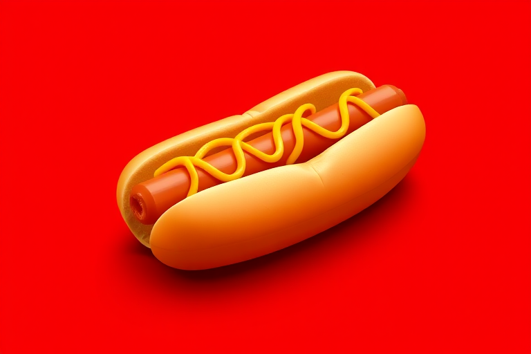 Create a stylized illustration of a hot dog on a vibrant red background, using a Canon EOS 5D Mark IV with a 50mm lens, aperture f/2.8, ISO 100, and a shallow depth of field for a clean, modern look.
