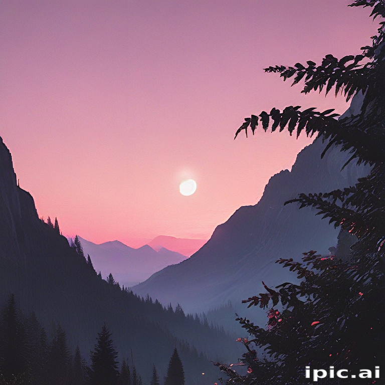 Serene Sunset Over Majestic Mountains with Lush Greenery and Pink Sky