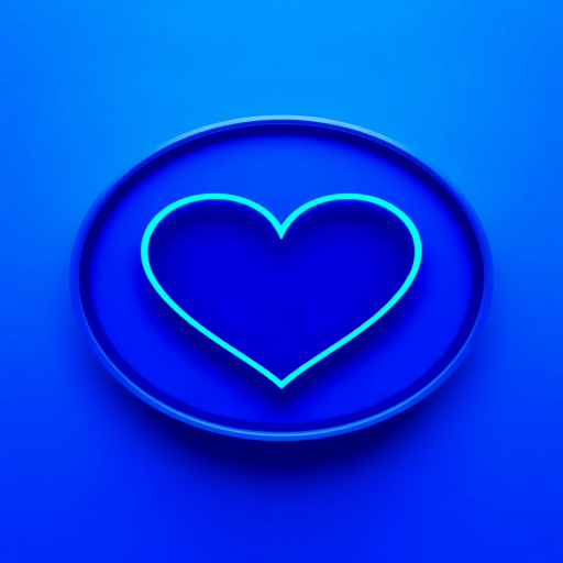 Create a high-resolution image of a blue circular icon featuring a dark blue heart in the center with a light blue outline, using a Canon EOS 5D Mark IV, f/8 aperture, 1/125 shutter speed, ISO 100, with a focus on vibrant colors and smooth gradients.