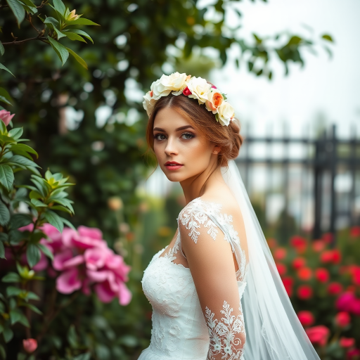 Garden scene, bridal model, delicate lace gown, floral headpiece, soft romantic focus, high-key lighting and an 85mm lens for soft, even tones that highlight the model’s face and bright outfit against a white or light background