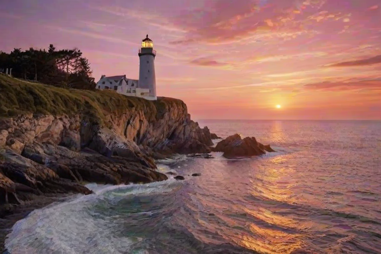 Generate an image of a tall lighthouse perched on a rocky outcrop surrounded by calm ocean waters during a breathtaking sunset. The lighthouse stands sturdy and weathered, its stone surface illuminated by the warm golden light of the setting sun. The sun's rays pass directly through the glass lantern room at the top of the lighthouse, casting a brilliant light across the scene. The sky is painted with vibrant shades of orange, pink, and purple, reflecting off the tranquil sea. The surrounding water shimmers with the same warm hues, creating a serene and majestic atmosphere.