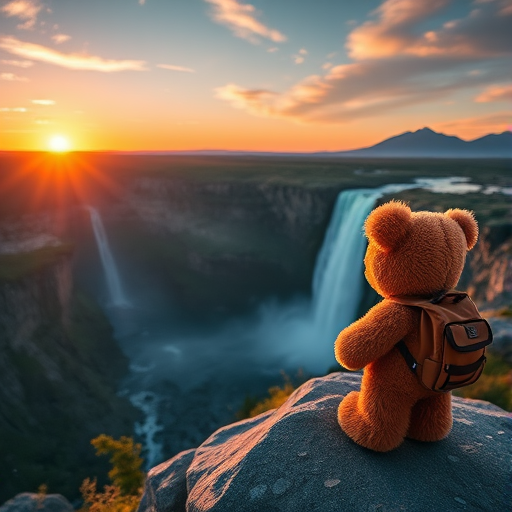 A teddy bear with a backpack standing on a rock overlooking a majestic waterfall and mountains during sunset, captured with a Canon EOS R5, EF 24-70mm f/2.8L IS USM lens, aperture f/8, ISO 100, 1/200 sec, wide-angle view, vibrant colors, high dynamic range.