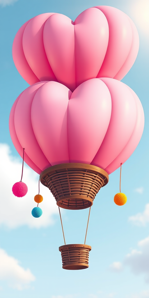 create a whimsical illustration of a pink heart-shaped hot air balloon with a brown basket, colorful balls hanging from the sides, bright and vivid colors, soft lighting, 50mm lens, f/2.8 aperture, ISO 100, taken from a low angle to emphasize the balloon's height and charm