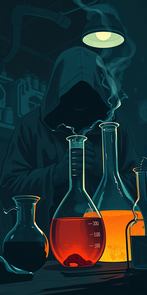 Create a detailed illustration of a hooded figure in a dark laboratory with two towering beakers, focus on eerie lighting and shadows, use a DSLR camera with a 50mm lens at f/1.8, ISO 200, shutter speed 1/60s, captured from a low angle to create depth and intensity.