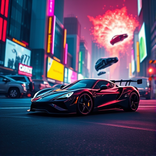 Generate a futuristic neon cityscape with a sleek sports car in the foreground, vibrant colors, dramatic lighting, and an explosive background featuring hovering cars, using a DSLR camera with a 35mm lens, f/1.8 aperture, 1/60s shutter speed, ISO 200, and a low angle perspective for enhanced depth.