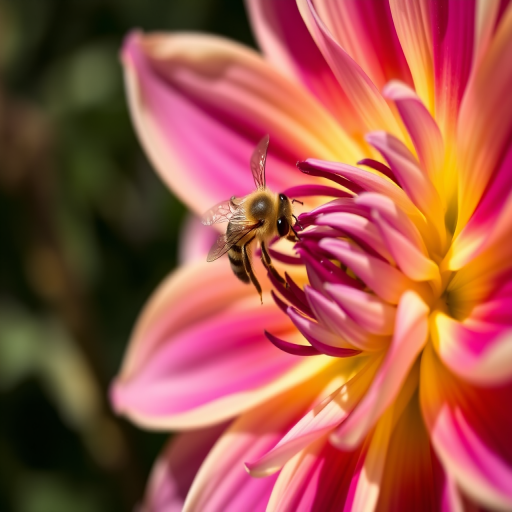 close-up shot of a dahlia flower with a bee on it, natural lighting, aperture f/4, shutter speed 1/200s, ISO 100, macro lens, DSLR camera, shallow depth of field