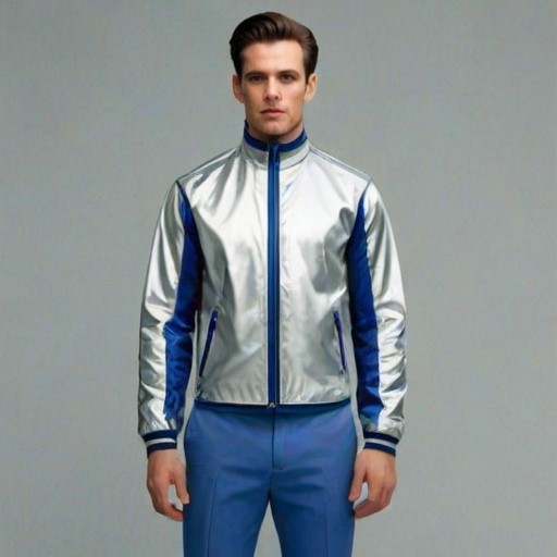 regenerate an illustration of a silver jacket with a blue stripe, featuring a zip-up front, a high collar, and one sleeve extended outward