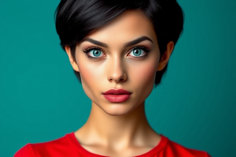 Create a high-quality vector illustration of a confident woman with short black hair and striking blue eyes, wearing a red fitted shirt, set against a teal background, using a DSLR camera, 50mm lens, f/1.8 aperture, ISO 100, 1/200s shutter speed, and a portrait view to enhance the details and colors.