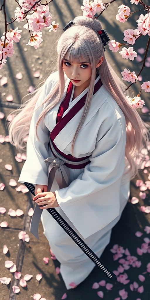 A character wearing a traditional white kimono with long flowing hair and a katana, surrounded by cherry blossom petals on a serene background, captured with a Canon EOS R5, 50mm lens, f/1.8 aperture, 1/200 sec shutter speed, ISO 100, top-down view, in soft natural light for enhanced detail and clarity.
