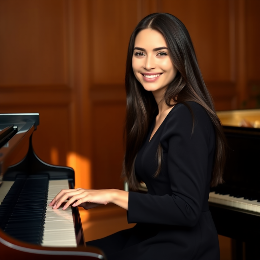 A young woman with long, dark hair smiles at the viewer as she sits at a grand piano, her right hand poised over the keys. The scene is lit by warm, natural light, highlighting the elegant simplicity of the woman's black dress. The perspective is from the side, emphasizing the contrast between the woman's delicate form and the grand scale of the piano. The ivory keys and dark wood of the piano create a striking visual contrast, further emphasized by the rich black of her dress.