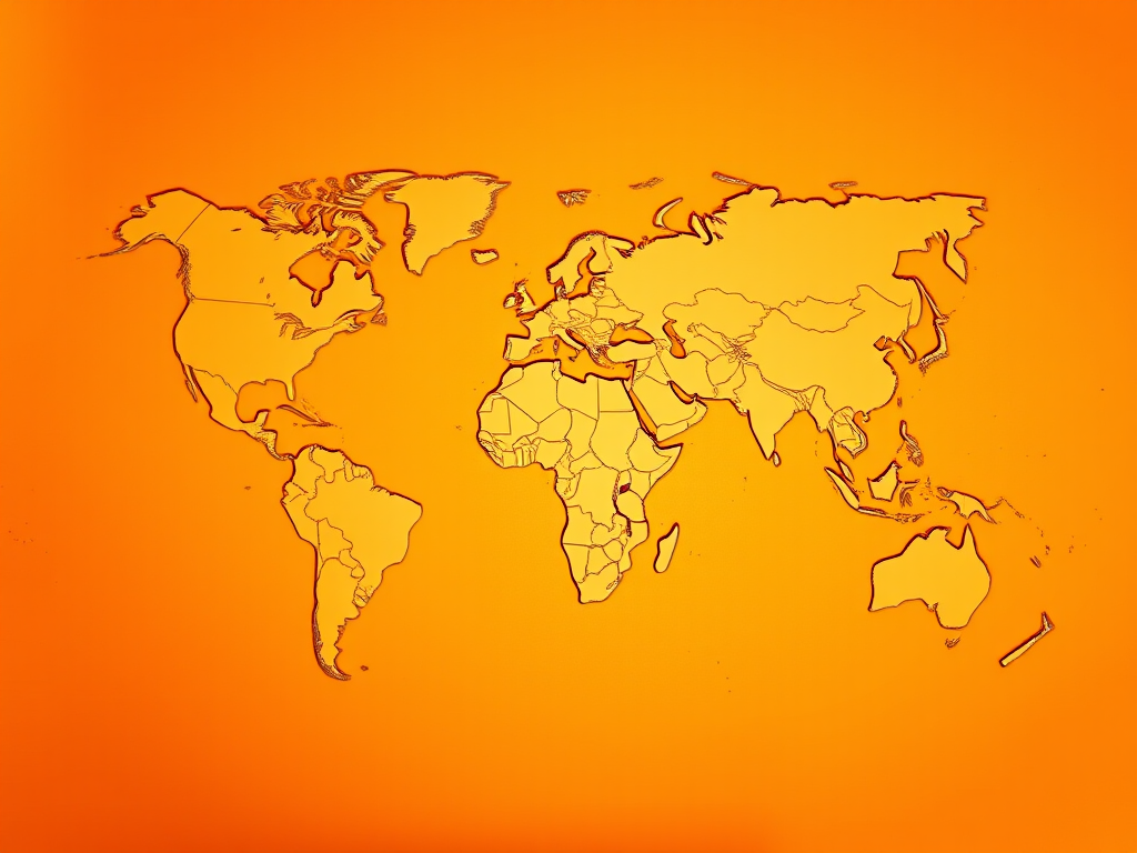 Create a detailed outline of a world map on an orange gradient background, shot with a DSLR camera at f/8, ISO 100, 50mm lens, with a top-down view and high dynamic range to enhance clarity and color vibrancy.