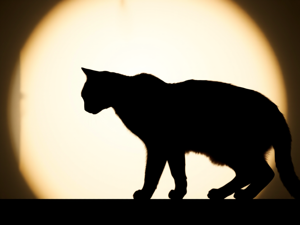 Create a high-resolution illustration of a minimalist silhouette of a cat, captured with a Canon EOS R5, 50mm lens, f/1.8 aperture, ISO 100, natural light, and a soft focus background to enhance the subject's prominence.