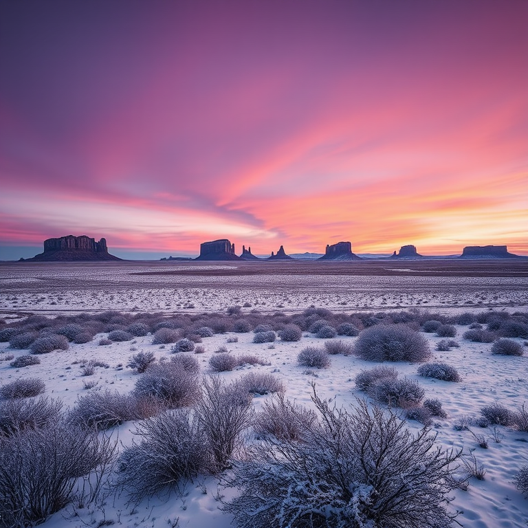 capture a serene winter landscape at dusk featuring snow-covered plains and distant mesas under a purple and orange sky, use a Canon EOS R5 with a 24-70mm lens at f/8, ISO 100, 1/125s, wide-angle view to enhance depth and detail in the foreground and background