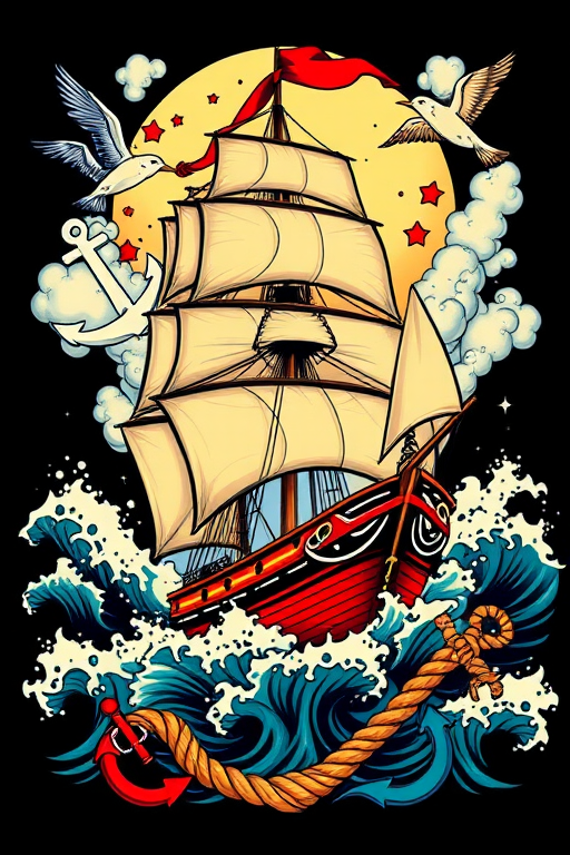 Bold traditional American tattoo style piece called "Sailor's Destiny" showcasing a vibrant full-color sailing ship battling stormy seas surrounded by classic nautical elements such as anchors swallows and rope thick black outlines and saturated primary colors pay homage to vintage tattoo artistry while incorporating modern techniques for enhanced depth and detail