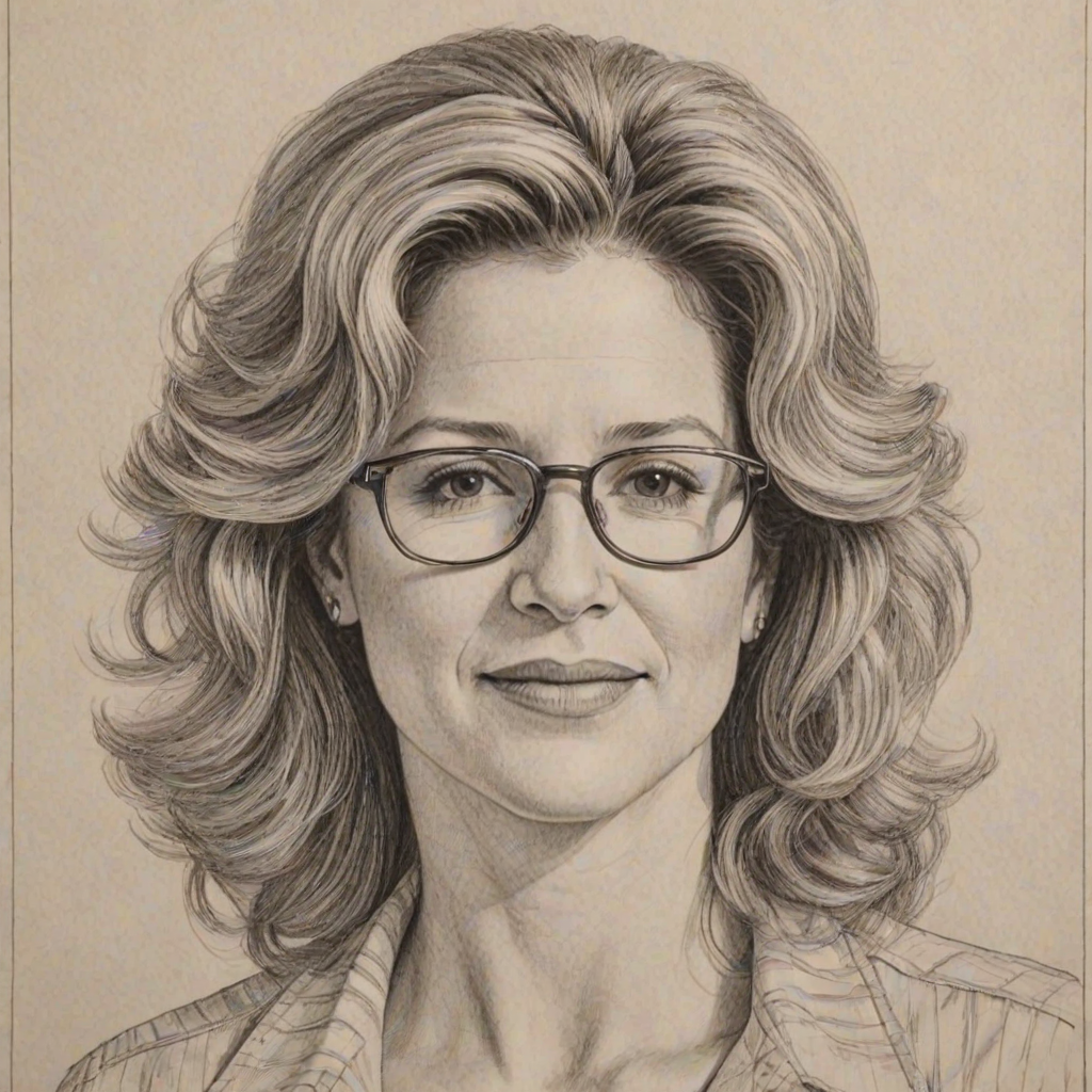 Wonderful Nancy Travis, pencil sketch, portrait of Dazzling woman 1975s in glasses, hair style beatnik, outline, clear lines, fine lines, 8k