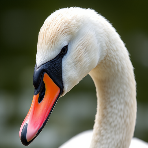 Create a close-up photo of a swan with detailed textures, shallow depth of field, f/2.8 aperture, 100mm lens, natural light, and a soft focus background to enhance the quality of the image.