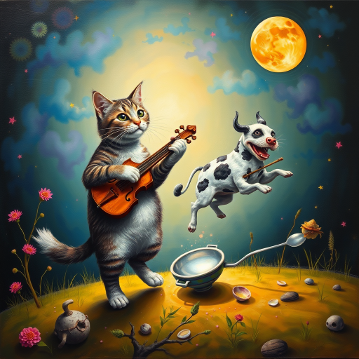 A whimsical hyper vibrant, hyper realistic and hyper detailed image of a cat and a fiddle, a cow jumping over a moon , a laughing dog, and a dish running away with a spoon, oil painting and airbrush