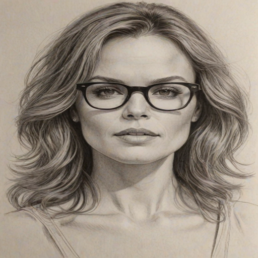 Enchanting Dina Meyer, pencil sketch, portrait of Alluring woman 1971s in glasses, hair style beatnik, outline, clear lines, fine lines, 8k