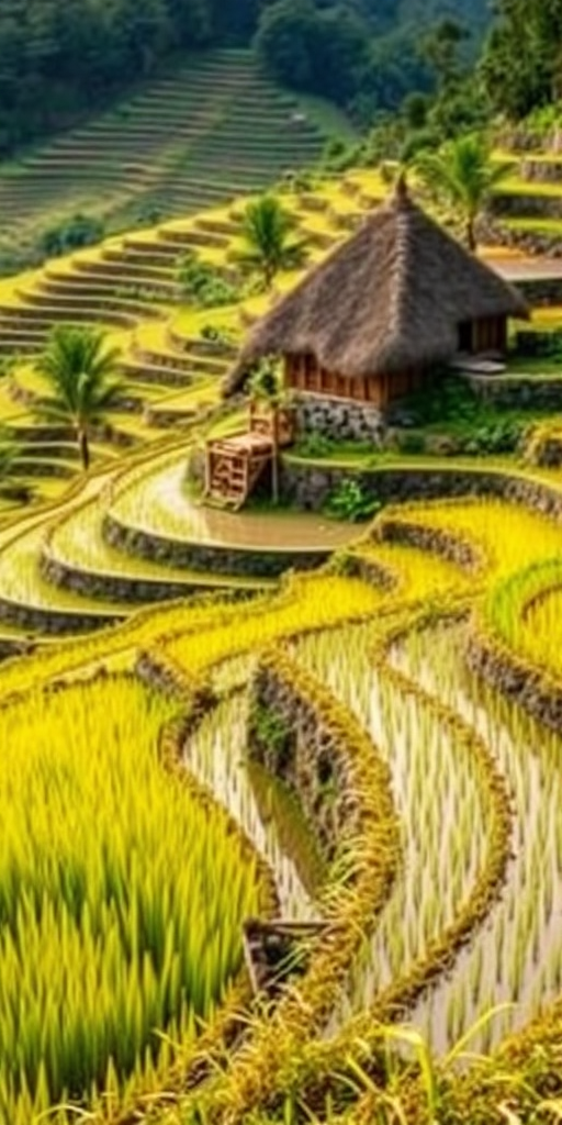 image of terraced rice fields with a thatched hut on a hillside, soft natural lighting, captured with a DSLR camera, 50mm lens, f/4 aperture, ISO 200, 1/200 sec shutter speed, wide-angle view for depth and detail.