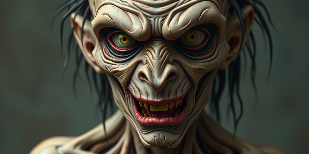 Generate a high-resolution digital illustration of a humanoid figure with exaggerated features, emphasizing a surreal and eerie expression, using a DSLR camera at f/2.8, 50mm lens, ISO 100, 1/60 sec shutter speed, with a shallow depth of field and a soft focus background to enhance clarity and detail.