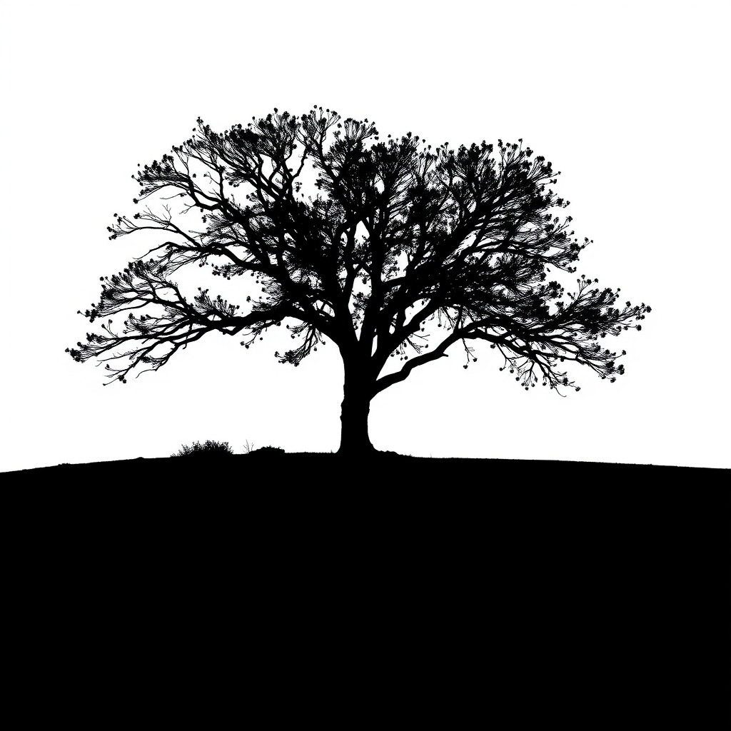 Generate a high-resolution minimalist black silhouette of a tree on a white background with a Canon EOS R5 camera, 85mm lens, f/1.8 aperture, 1/250 second shutter speed, and ISO 100 for enhanced image clarity and depth.