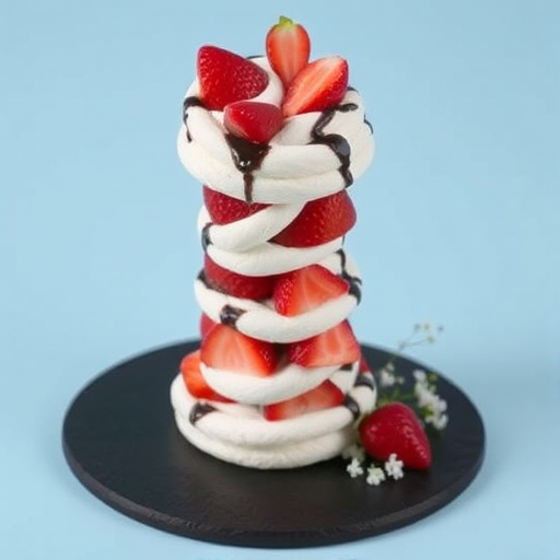 A tall layered dessert made of meringue, filled with whipped cream and fresh strawberries, drizzled with chocolate, on a black slate plate, against a light blue background, garnished with small white flowers.