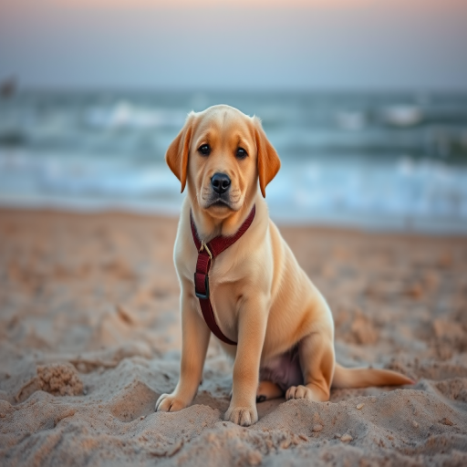 A golden Labrador puppy sitting on a sandy beach, harnessed, with the ocean in the background, soft evening light, aperture f/2.8, shutter speed 1/500 sec, ISO 200, focal length 50mm, DSLR camera, portrait orientation, shallow depth of field.