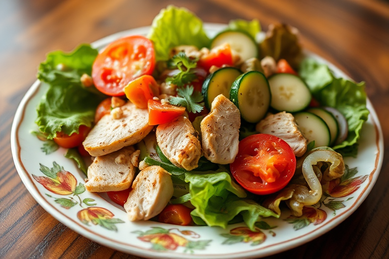photograph of a colorful salad with chicken, tomatoes, zucchini, and lettuce on a decorative plate, shallow depth of field, natural lighting, 50mm lens, f/2.8, ISO 100, capture from a slightly elevated angle.