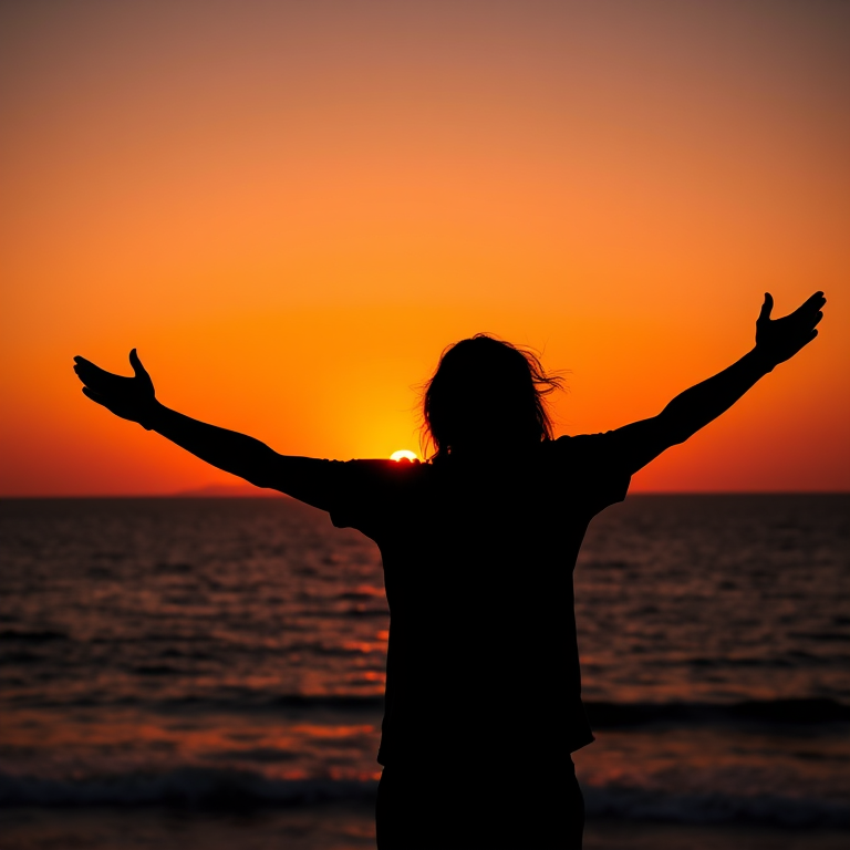 a silhouette of a person with arms outstretched against a vibrant orange sunset over the ocean, shot with a Canon EOS R5, 50mm lens, f/1.8 aperture, ISO 100, shutter speed 1/2000 sec, wide-angle view for enhanced depth and clarity