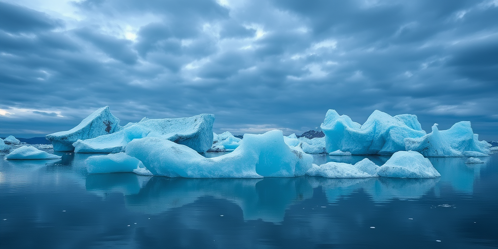 Create a serene landscape featuring massive blue icebergs floating in calm water, with a cloudy sky reflecting on the surface, captured with a Canon EOS 5D Mark IV, 24mm lens, aperture f/8, ISO 200, shutter speed 1/200 sec, in twilight soft lighting to enhance details and colors.