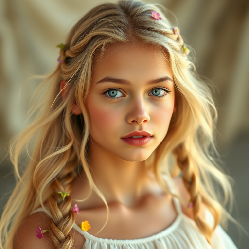 Create an image of a young Pacific Islander woman with long, wavy blonde hair, adorned with small, colorful flowers woven into her braids and loose strands. Her complexion is fair, with soft, glowing skin, and she has light blue eyes that gaze softly at the viewer. She wears a light, flowing dress with a gentle, ethereal quality, complementing her delicate and serene appearance. The background is slightly blurred, drawing focus to her tranquil expression and the intricate details of the flowers in her hair. The overall mood of the image is one of natural beauty and grace, evoking a sense of peacefulness and connection with nature.