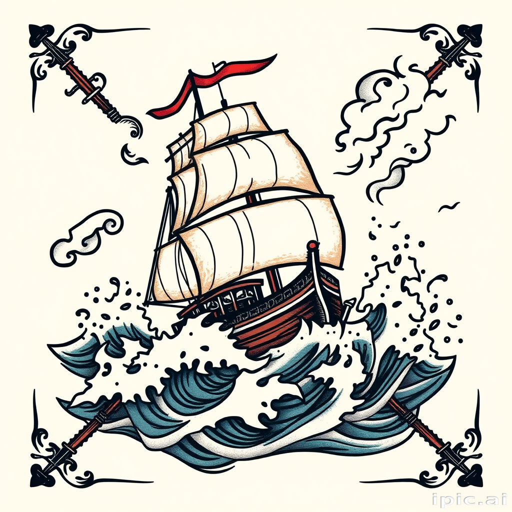 Old school traditional tattoo named "Sailor's Fortune" depicting a ship in stormy seas with bold outlines, limited color palette, and classic maritime imagery