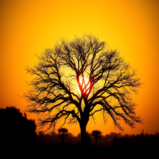 Generate a high-quality image of a tree silhouette against a sunset background using a Canon EOS 5D Mark IV, 50mm lens, aperture f/8, ISO 100, focal length 50mm, with a wide-angle view and HDR style for enhanced detail and depth.