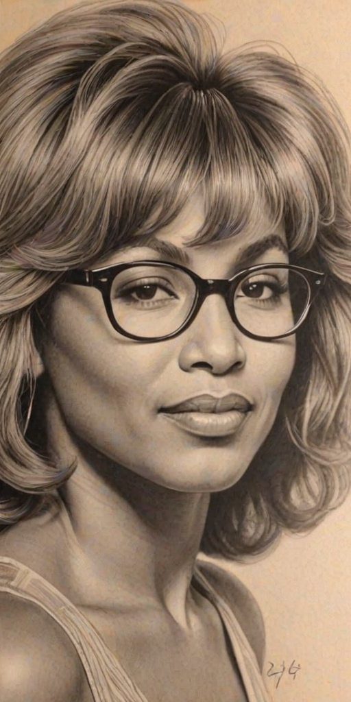 Charming Tina Turner, pencil sketch, portrait of Pleasing woman 1938s in glasses, hair style beatnik, outline, clear lines, fine lines, 8k