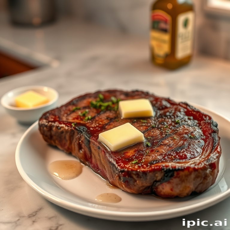 Deliciously Grilled Ribeye Steak Topped with Butter and Fresh Herbs