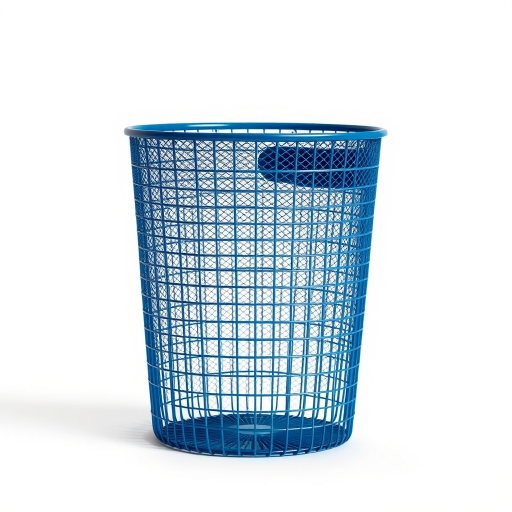 Create a high-resolution 3D rendering of a blue wire mesh wastebasket with a transparent background, using a Canon EOS R5 camera, 50mm lens, f/1.8 aperture, ISO 100, and a 1/125s shutter speed, shot from a slightly elevated front angle with soft studio lighting for enhanced detail and depth.