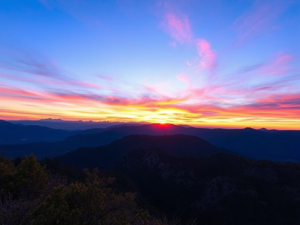 Create a vibrant landscape with a sunset over mountains, using a DSLR camera, aperture f/8 for depth of field, ISO 100 for clarity, and a wide-angle lens at 24mm for expansive view.