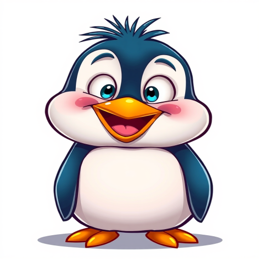 Create a colorful cartoon-style illustration of a cheerful penguin with exaggerated features, vibrant colors, and a playful expression, using a DSLR camera with a 50mm lens, f/1.8 aperture, ISO 100, and a shallow depth of field for a soft background.