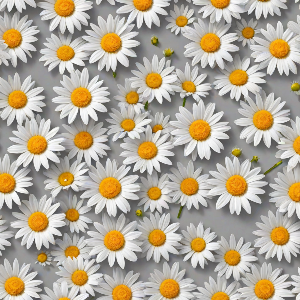 Generate a seamless pattern featuring white daisies with yellow centers on a light gray background.