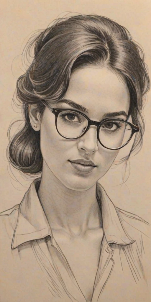 Appealing Adria Arjona, pencil sketch, portrait of Appealing woman 1957s in glasses, hair style beatnik, outline, clear lines, fine lines, 8k