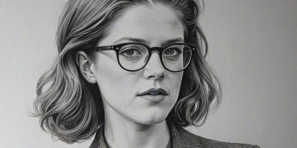 Alluring Rose Leslie, pencil sketch, portrait of Sublime woman 1937s in glasses, hair style beatnik, outline, clear lines, fine lines, 8k