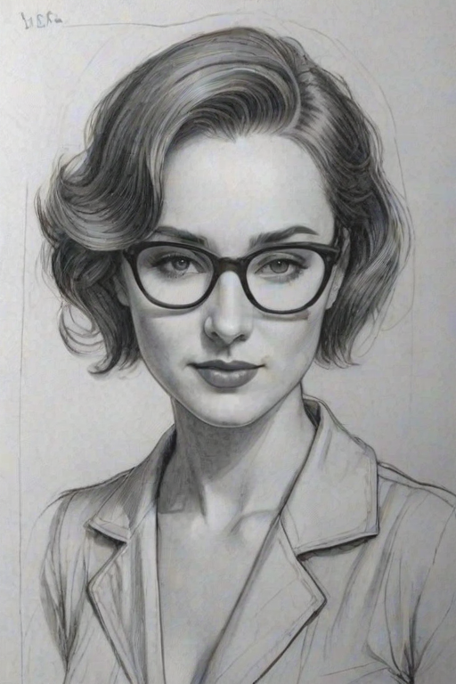 Sublime Allison Scagliotti, pencil sketch, portrait of Elegant woman 1932s in glasses, hair style beatnik, outline, clear lines, fine lines, 8k