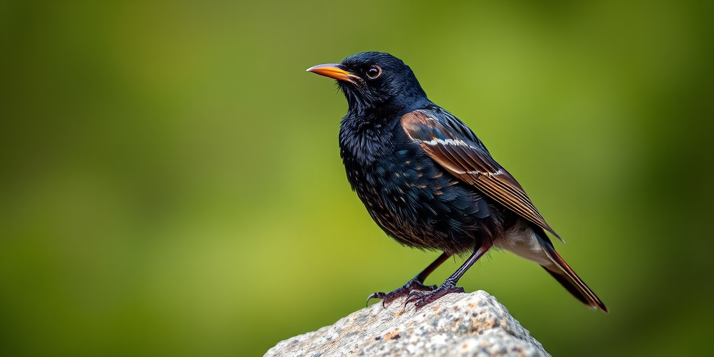 capture a close-up of a starling perched on a rock with a blurred green background, using a DSLR camera with a 100mm lens, aperture f/4, ISO 200, shutter speed 1/500 sec, natural lighting, sharp focus on the bird's feathers